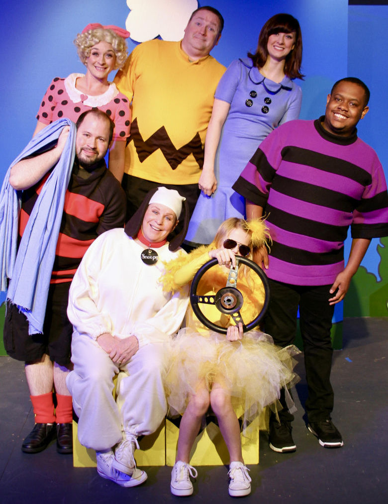 (clockwise from left) Adam Cunningham, Sara Tubbs, Christopher Tracy, Becca Johnson, Keenen Wilson, Makenna Miller, and Nancy Teerlinck in You're a Good Man, Charlie Brown