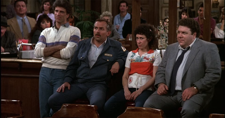 Ted Danson, John Ratzenberger, Rhea Perlman, and George Wendt in Cheers