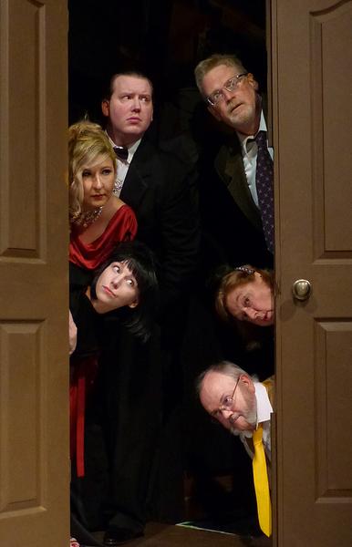 (clockwise from bottom left) Kady Patterson, Jessica Moore, Eric Landuyt, David Beeson, Jackie Skiles, and Jim Skiles in Clue: On Stage