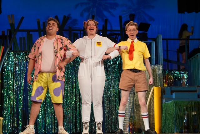 Adam Sanders, Sydney Rosebrough, and Ryan J. Hurdle in The SpongeBob Musical