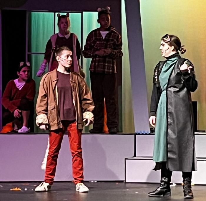 Kennan Baldridge and Aila Koivisto (foreground), and Sofia Campos-Sandoval, Evelyn Peterson, and Ezra Holland in Marvel Spotlight: Squirrel Girl Goes to College